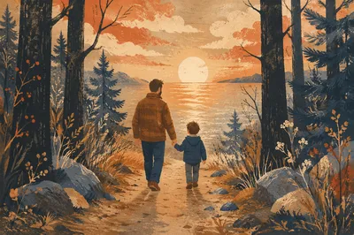 Father and Child Sunset Shore Path