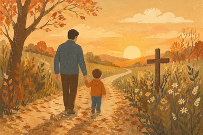 Father and Child on Autumn Faith Path