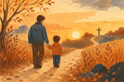 Father and Child on Autumn Sunset Path
