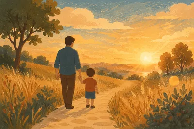 Father and Child Sunset Meadow Walk