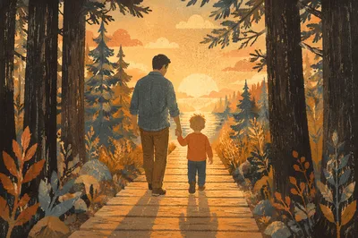 Father and Child Sunset Woodland Walk