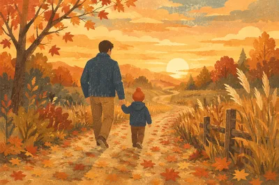Father and Child on Autumn Sunset Path