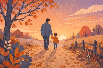 Father and Child on Autumn Sunset Path