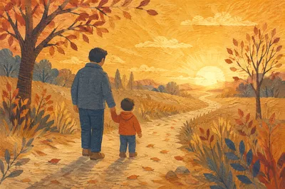 Father and Child on Autumn Sunset Path