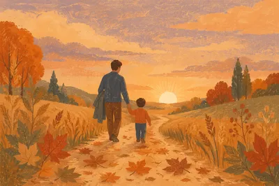 Father and Child on Autumn Sunset Path