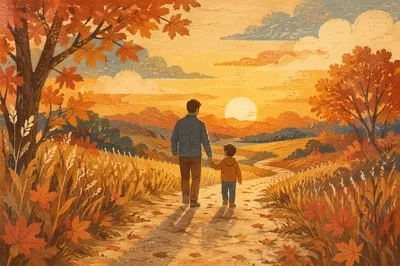Father and Child on Autumn Sunset Path