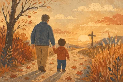 Father and Child on Autumn Sunset Path