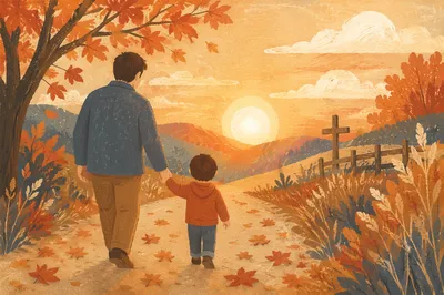 Father and Child on Autumn Faith Path