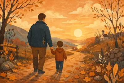 Father and Child on Autumn Sunset Path