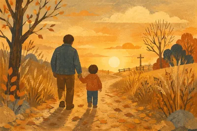 Father and Child on Autumn Sunset Path