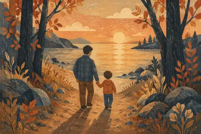 Father and Child on Autumn Sunset Path