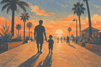 Father and Child Sunset Promenade Walk