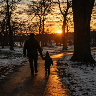 Father and Child on Winter Sunset Path