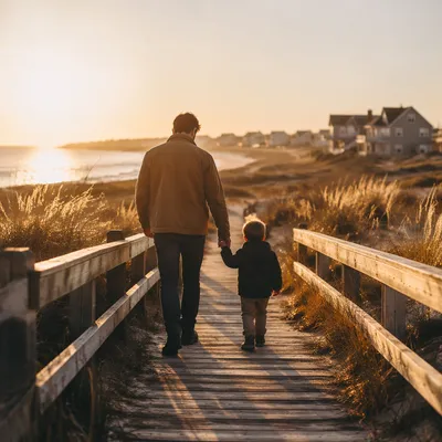 Father and Child on Sunset Boardwalk