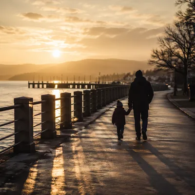 Father and Child Sunset Promenade Walk