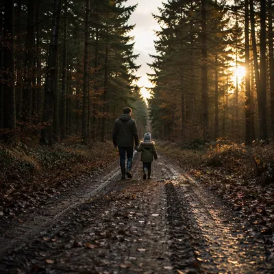 Father and Child on Sunset Forest Path