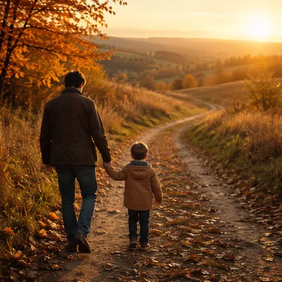 Father and Child Walking at Autumn Sunset