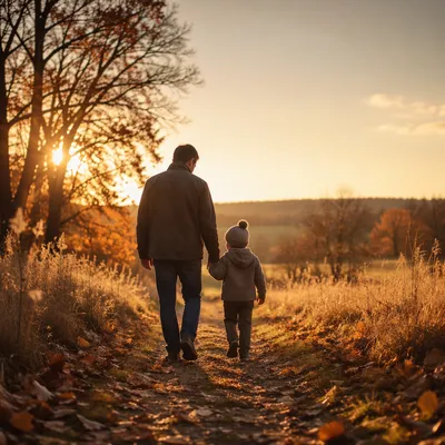 Father and Child on Autumn Sunset Path
