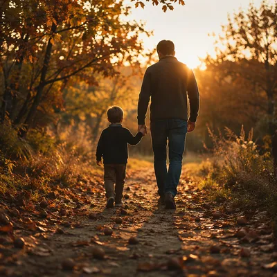 Father and Child on Autumn Sunset Path