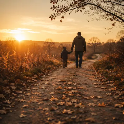 Father and Child on Autumn Sunset Path