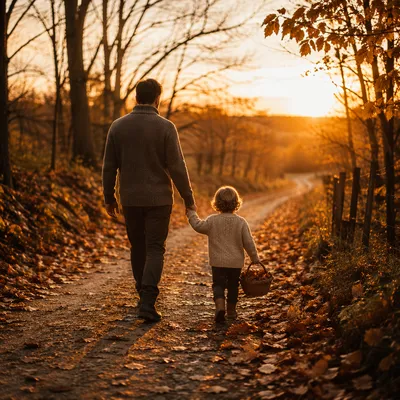 Father and Child Autumn Sunset Walk