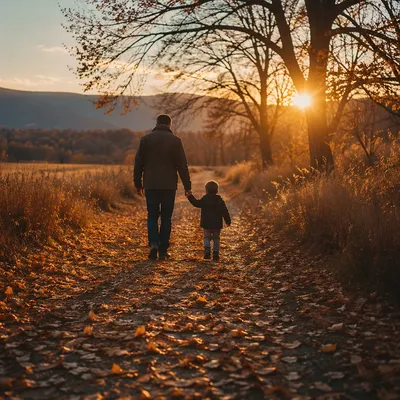 Father and Child on Autumn Sunset Path