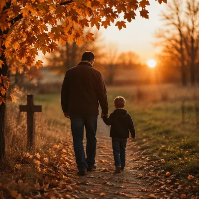 Father and Child on Autumn Faith Path