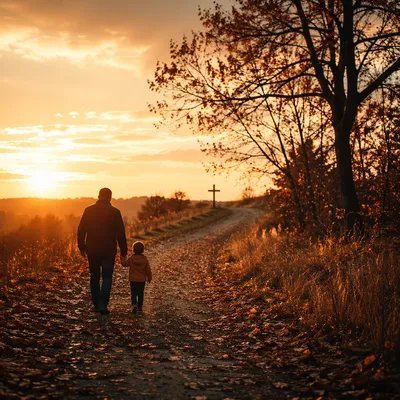 Father and Child on Autumn Faith Path