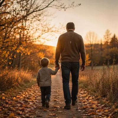 Father and Child on Autumn Sunset Path