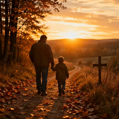 Father and Child on Autumn Sunset Path