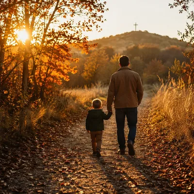 Father and Child on Autumn Faith Path