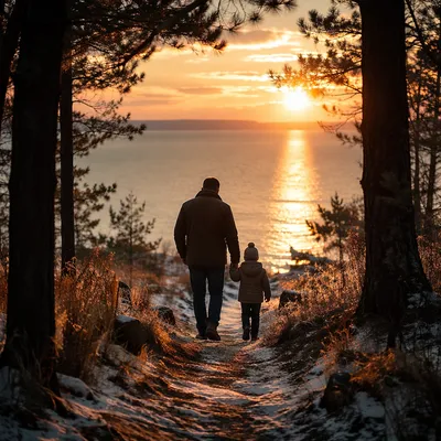 Father and Child Walking at Sunset