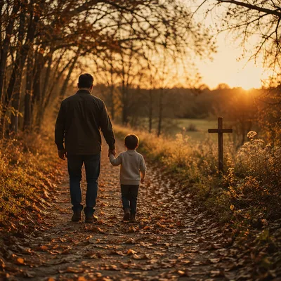 Father and Child on Autumn Faith Path
