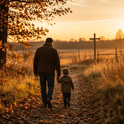 Father and Child on Autumn Sunset Path