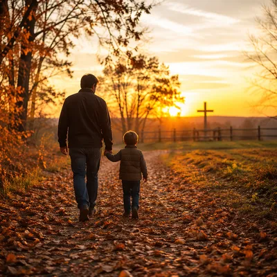 Father and Child on Autumn Sunset Path