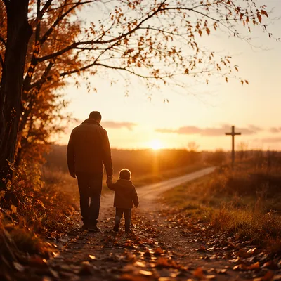 Father and Child on Autumn Faith Path