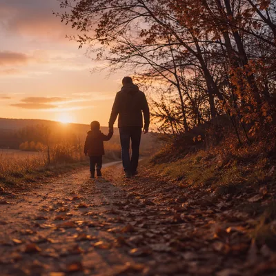 Father and Child on Autumn Sunset Path