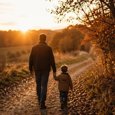 Father and Child on Autumn Sunset Path