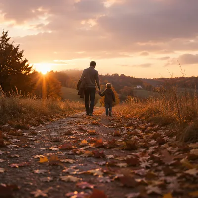 Father and Child on Autumn Sunset Path