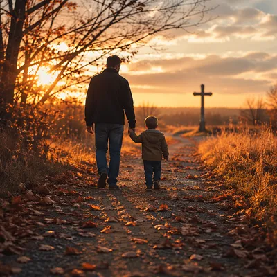 Father and Child on Autumn Sunset Path