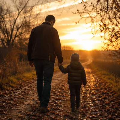 Father and Child on Autumn Sunset Path