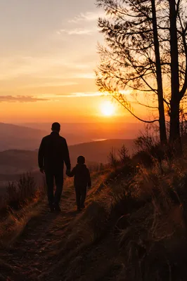 Father and Child Walking at Sunset