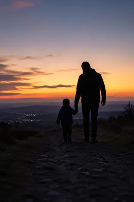 Father and Child Sunset Hillside Walk