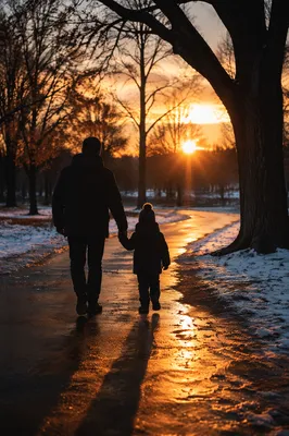 Father and Child on Winter Sunset Path
