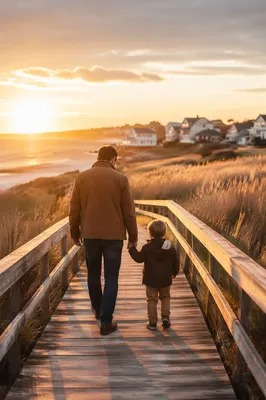 Father and Child Walking Boardwalk at Sunset