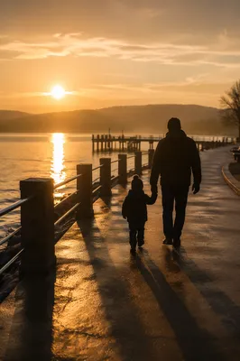 Father and Child Sunset Waterfront Walk
