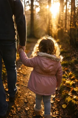 Father and Child on Sunset Woodland Path