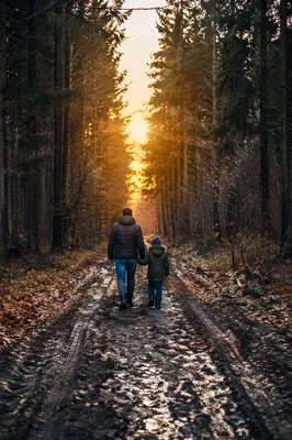 Father and Child on Autumn Forest Path