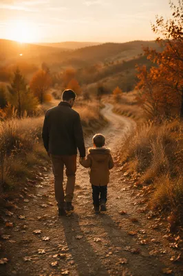 Father and Child on Autumn Sunset Path