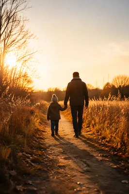 Father and Child Walking Autumn Sunset Path